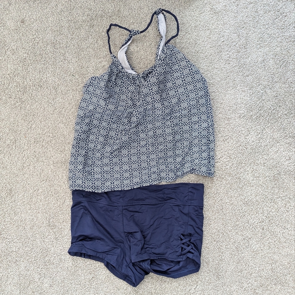 Blue and White Swim Set - Halter and Shorts